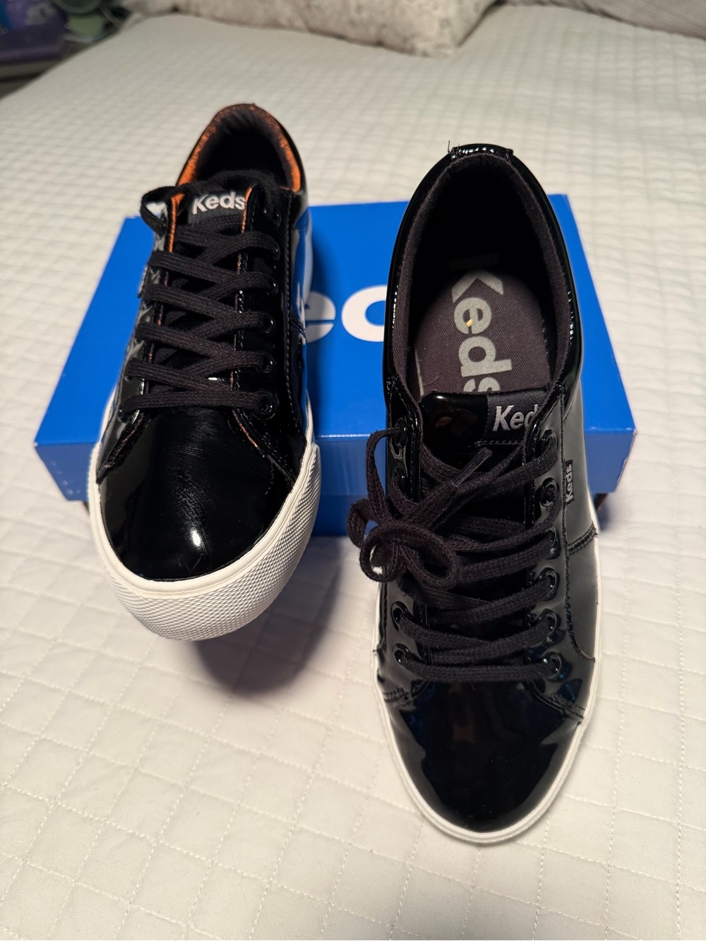 Keds Black Patent Lace-Up Sneakers with White Soles